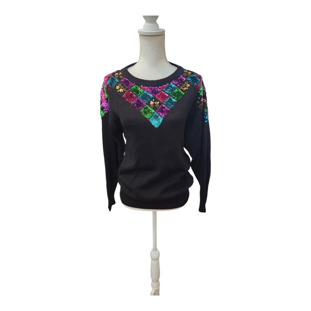 Sarah Morgan Vintage Sequin Jeweled Colorful Black Crewneck Sweater, Medium